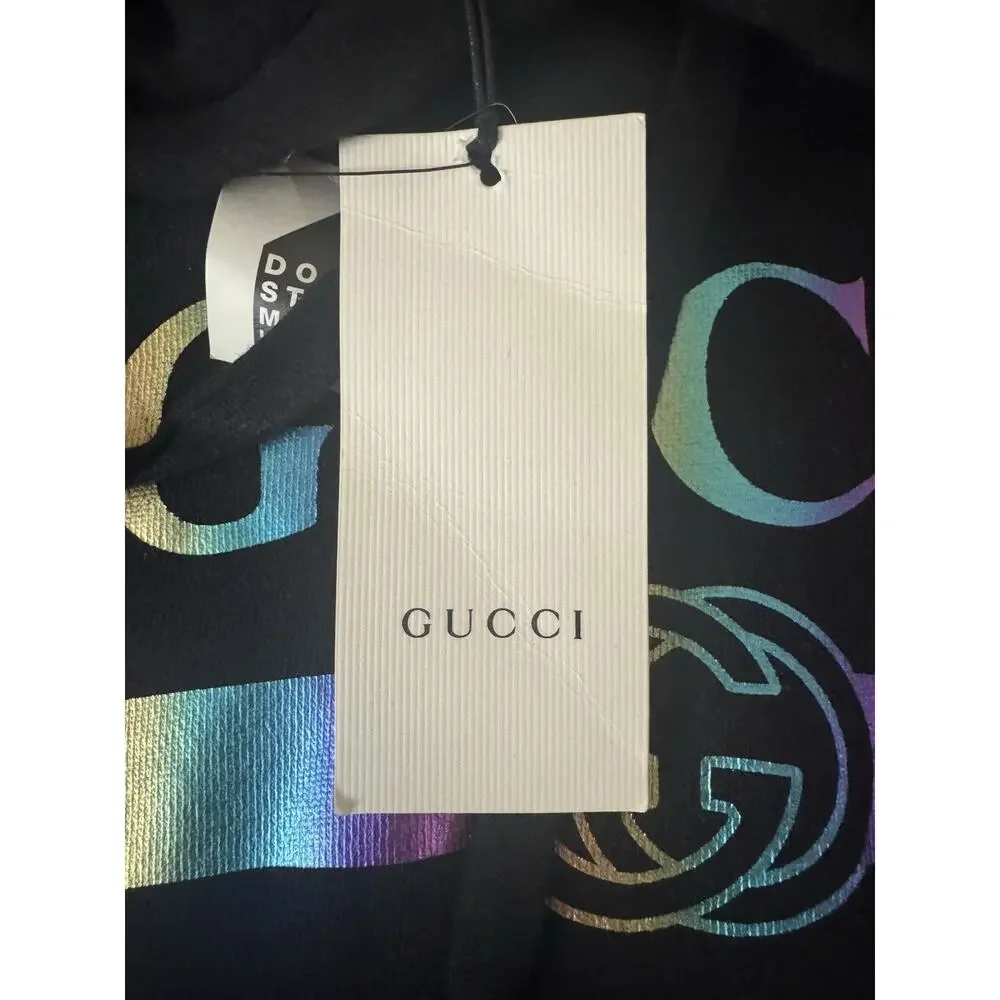 New With Tags Gucci Metallic Logo Print Pullover Black Hoodie Size L $1280.00